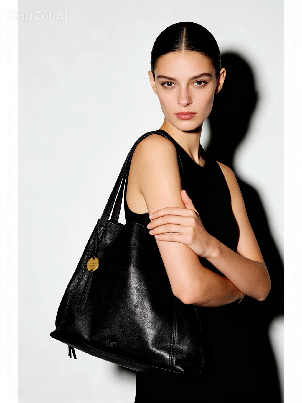 Margot New York Marcy Leather Tote Black Supple Leather Like New Stripe Interior